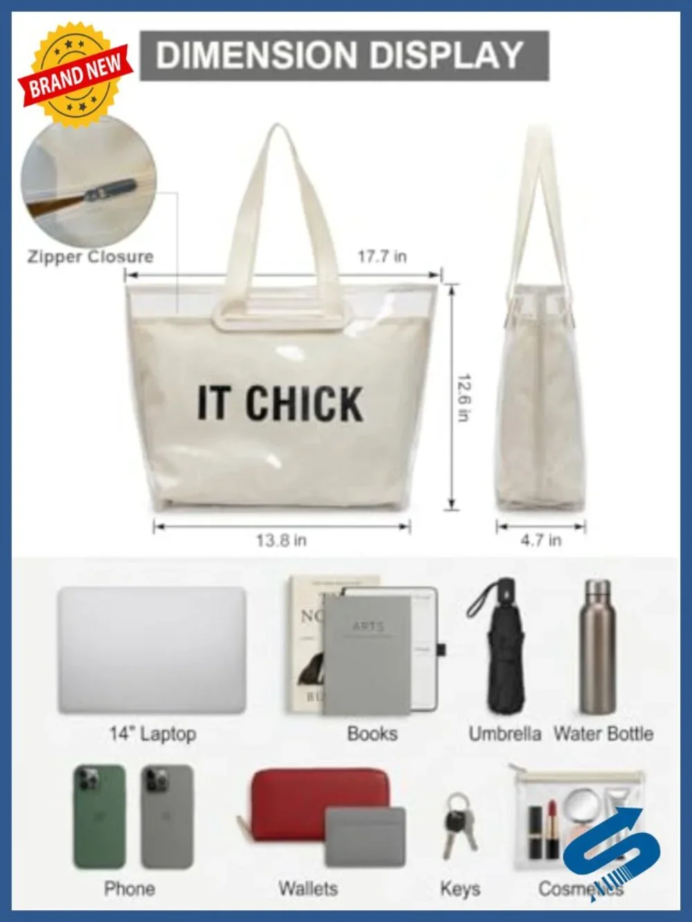 Large Waterproof PVC Tote Bag for Women, Detachable 2-in-1 Canvas Work & Beach